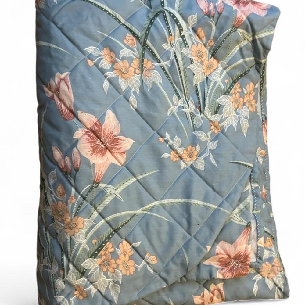 Floral Quilted Bedspread Blue Pink Cottagecore Coverlet 90s Nostalgia 80x103